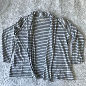 L.L. Bean Gray and White Striped Opened Cardigan Sweater